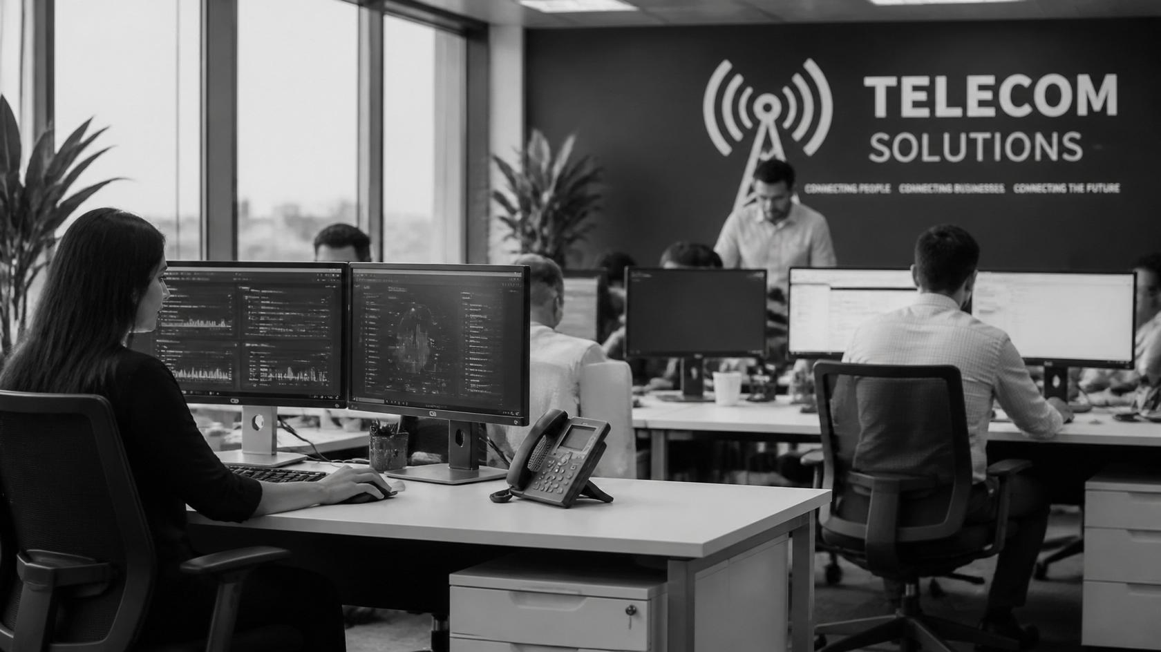 Medewerkers in een telecomkantoor achter hun schermen