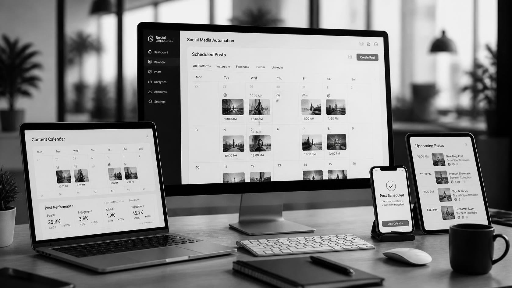 Contentkalender met ingeplande posts op laptop, scherm en tablet