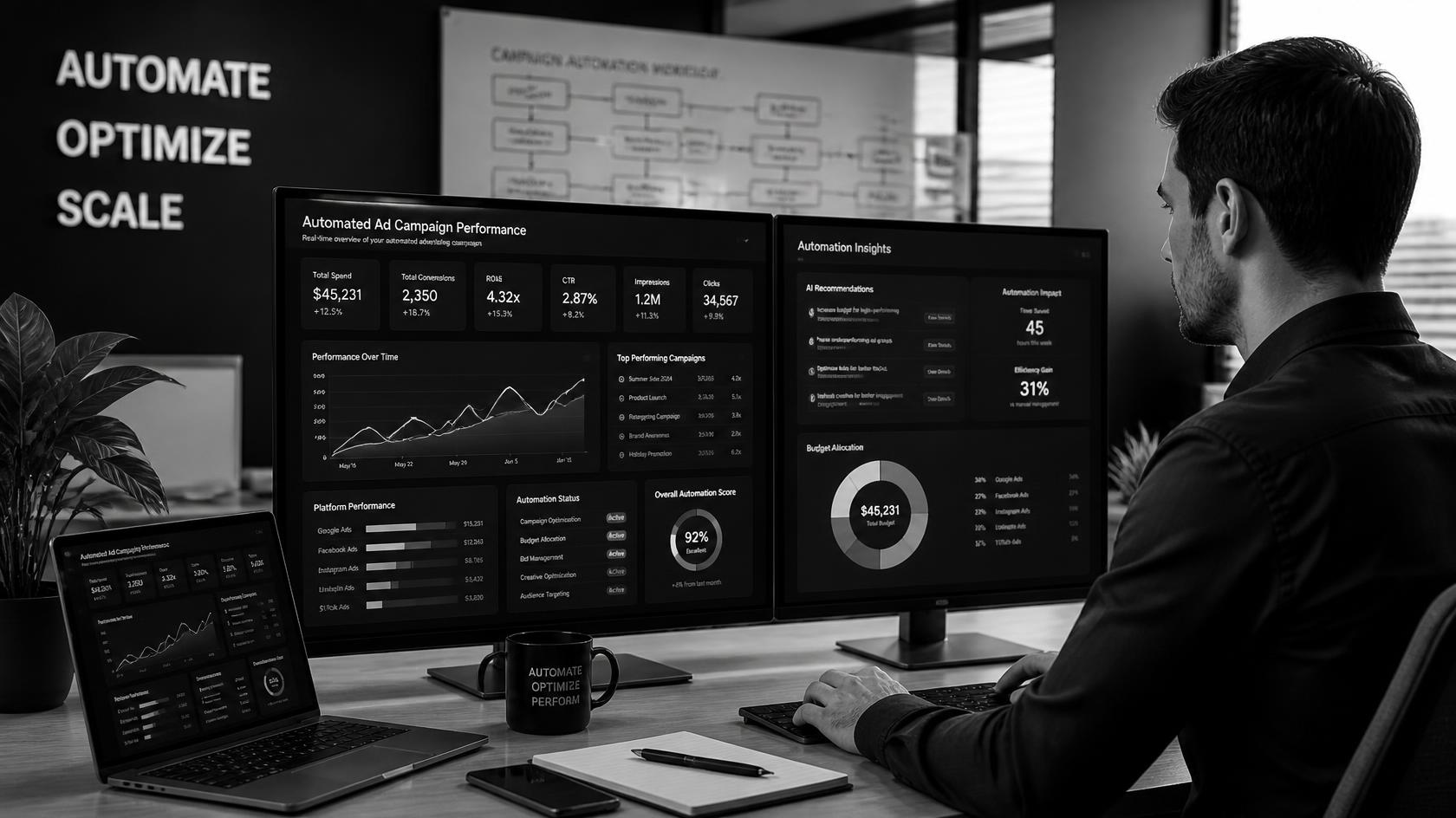 Marketeer bekijkt een geautomatiseerd advertentiedashboard