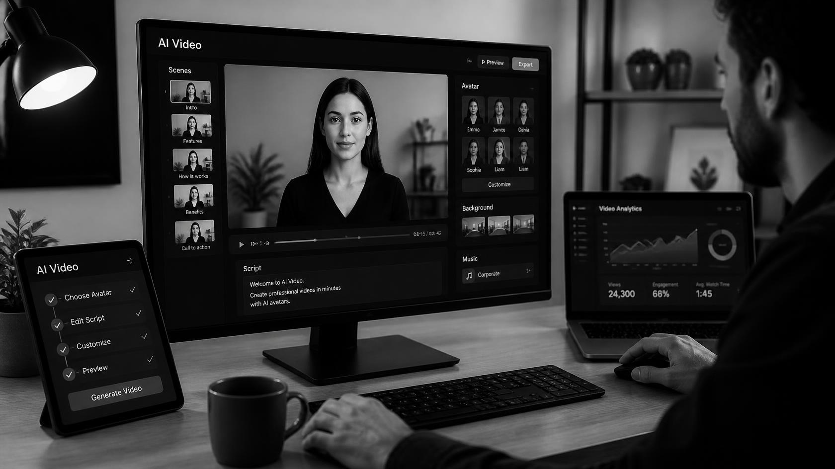 AI-videoplatform met avatar, script en scènes op het scherm