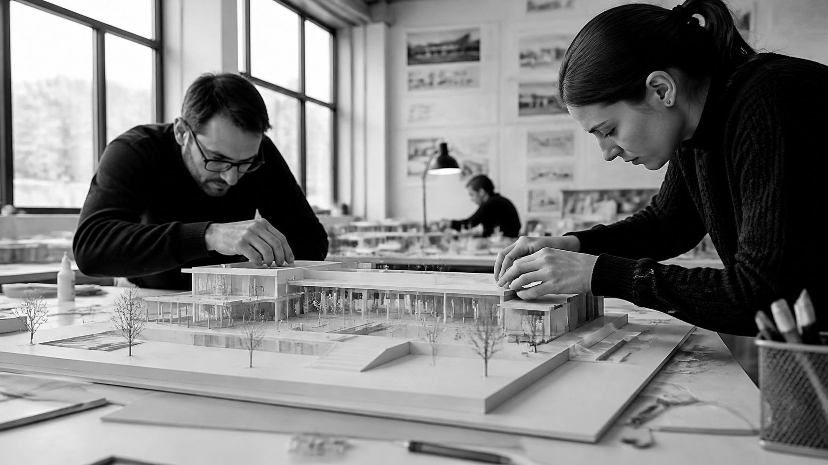 Architecten werken aan een maquette in het atelier