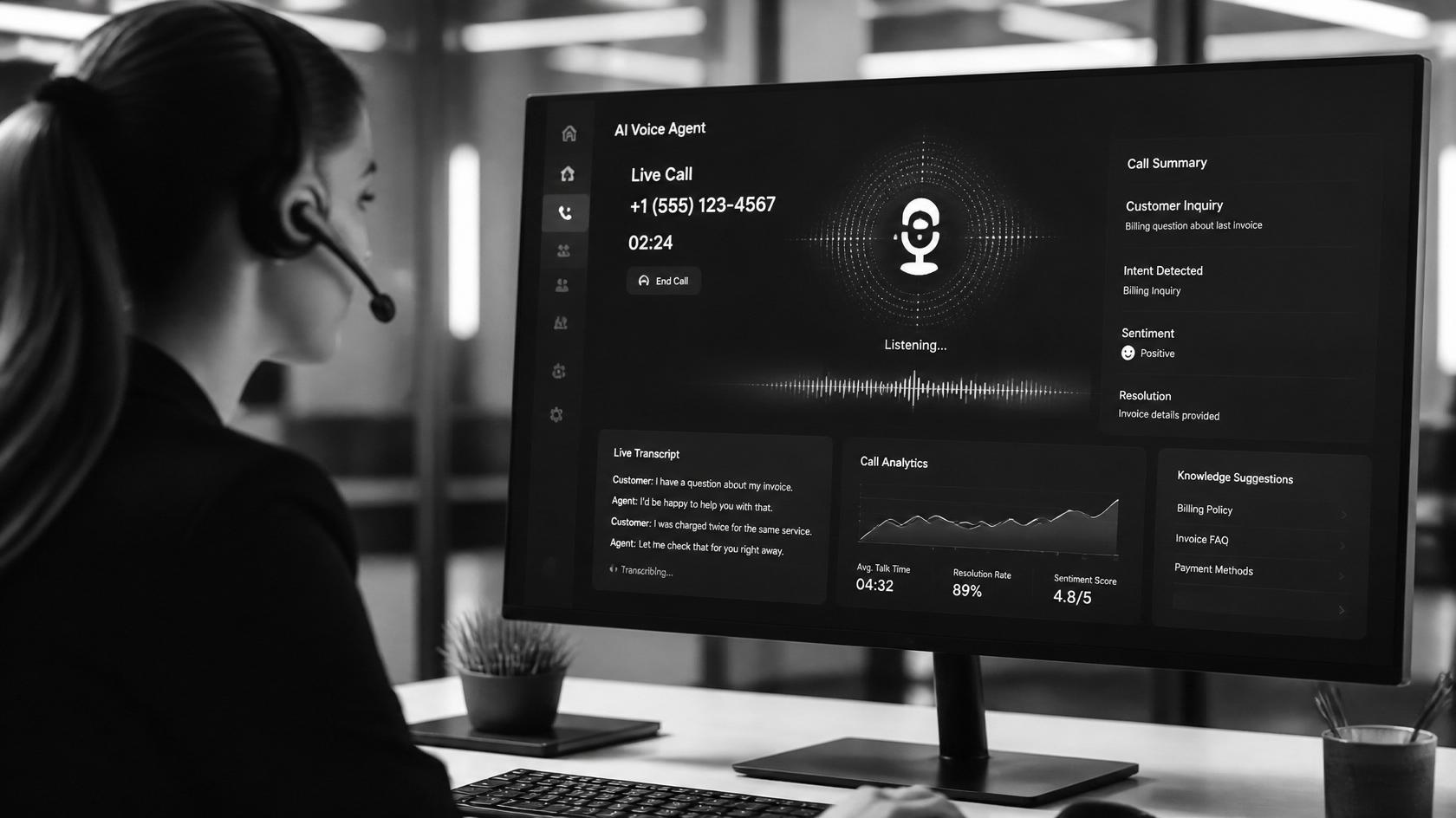 Live gesprek in een AI-spraakagent met transcript en sentiment