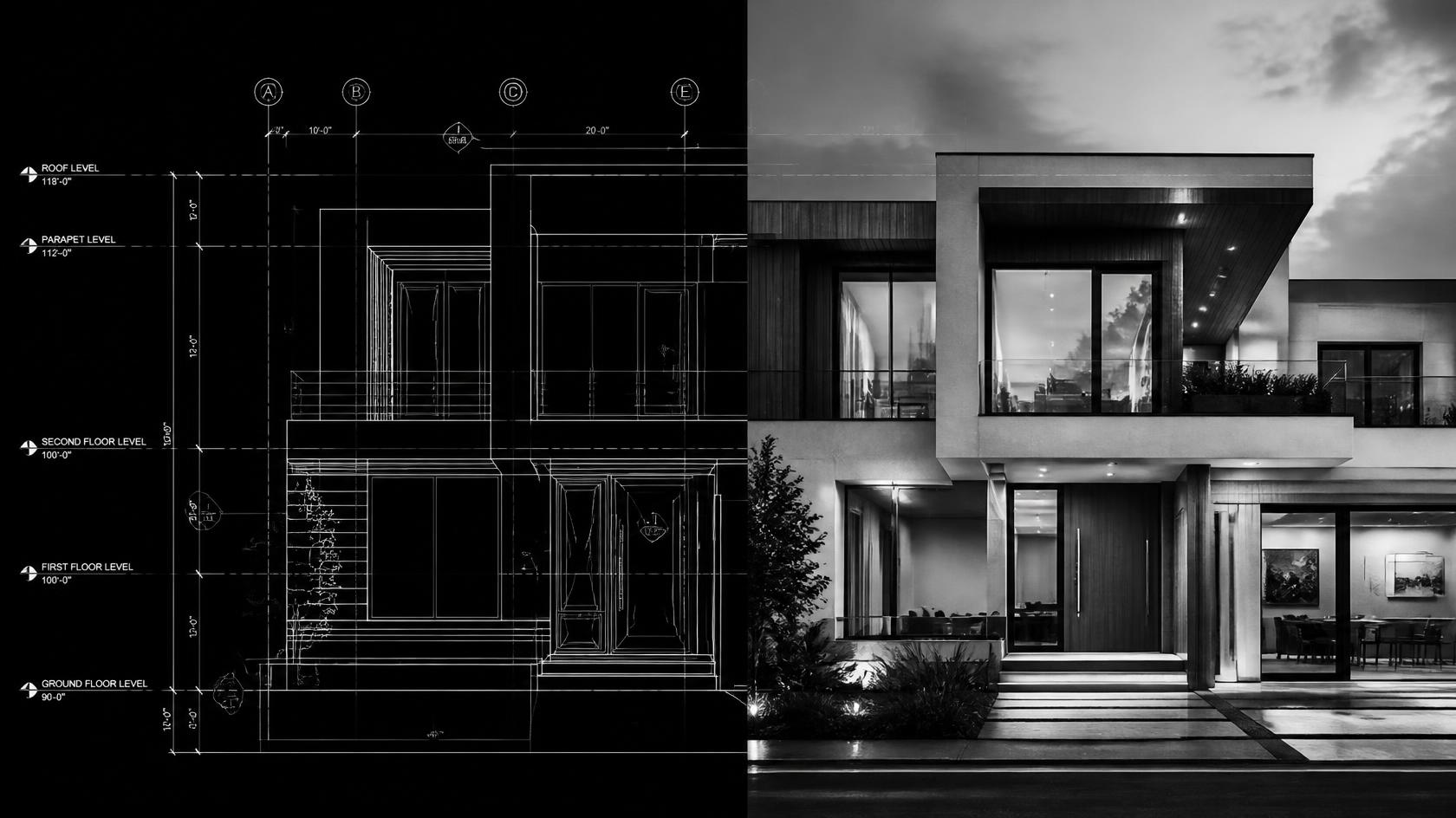 Technische DWG-tekening naast een fotorealistische render van dezelfde woning