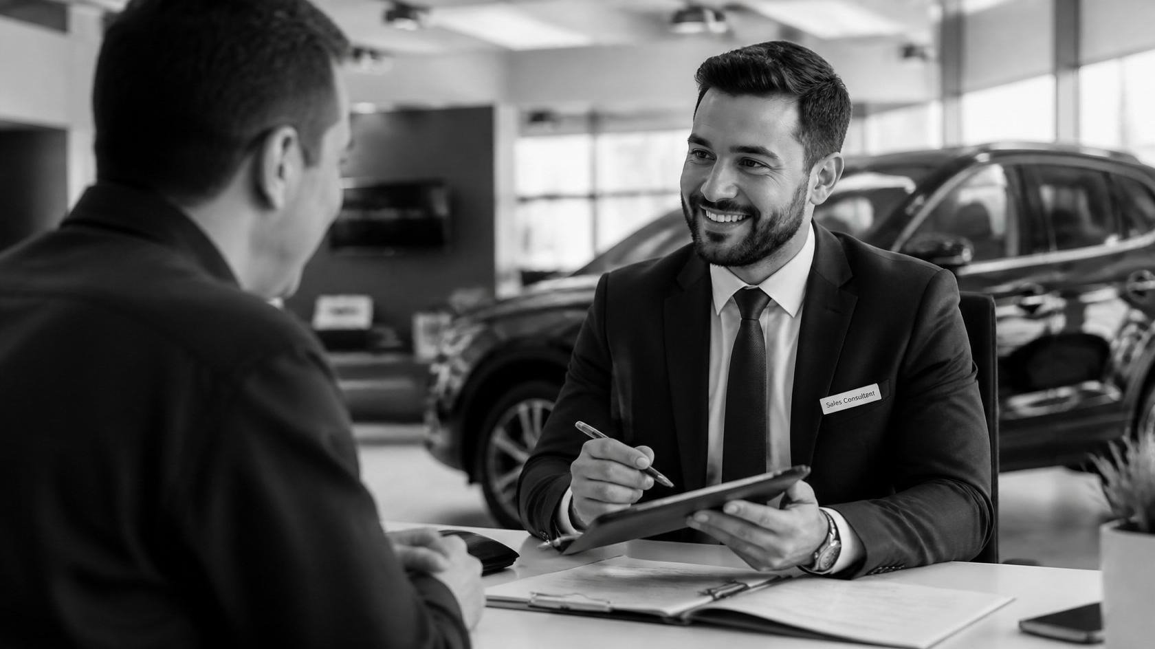 Leasingadviseur in gesprek met een klant in de showroom