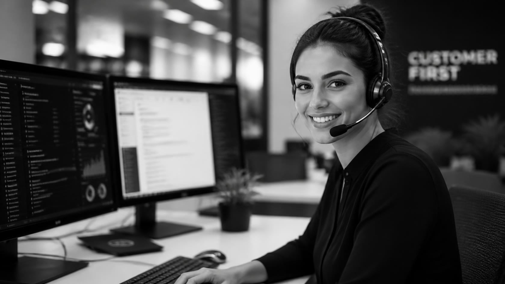 Supportmedewerker met headset achter twee schermen